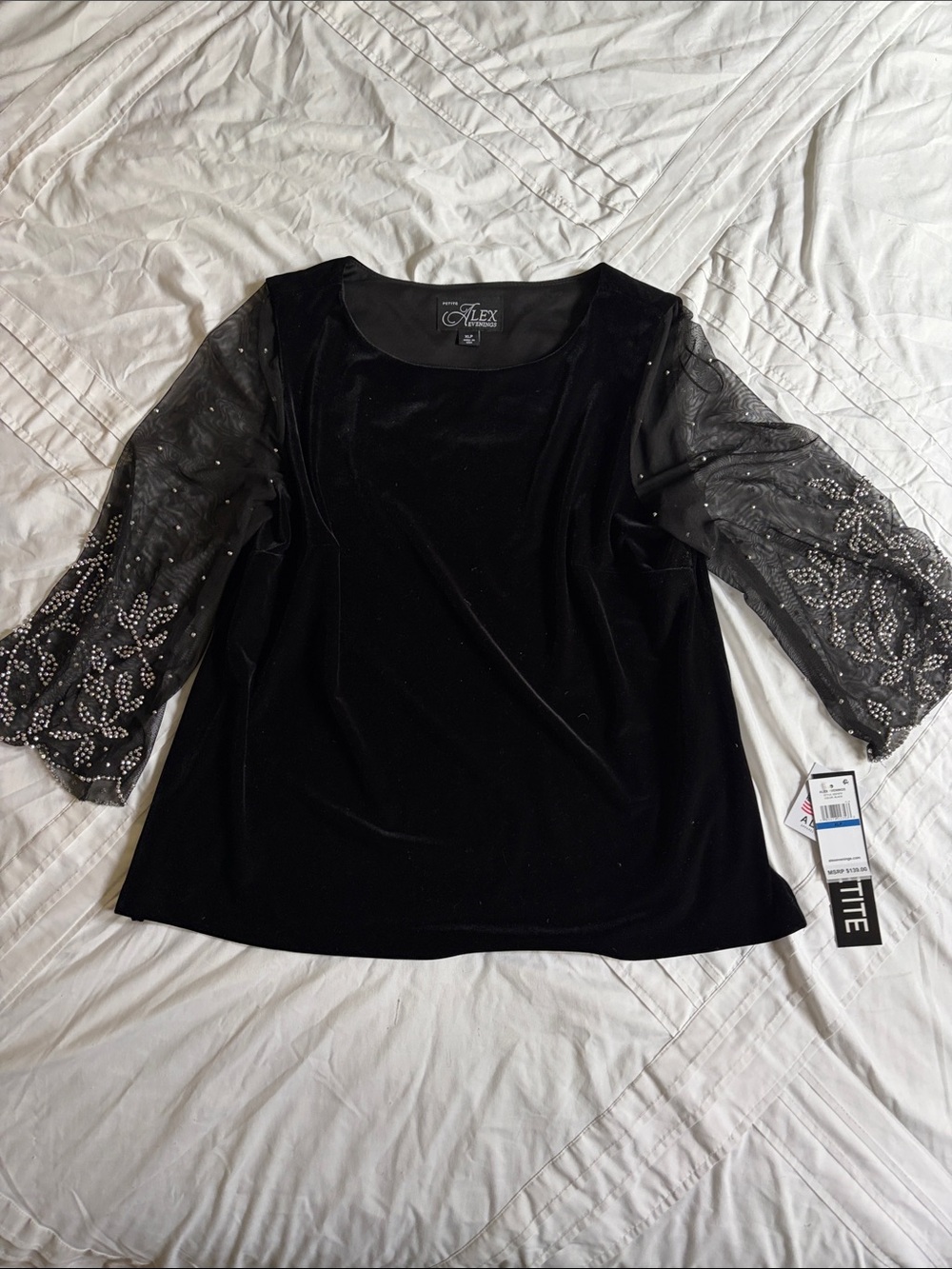 Alex Evenings Black Velvet Top with Beaded Sheer Sleeves